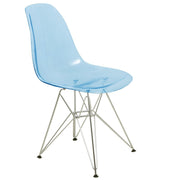 Cresco Modern Dining Side Chair in Curved Back Design with Multiple Base Options: Wood, Acrylic, Chrome & Gold Eiffel Design Stainless Steel Silver Transparent Blue Dining Chair Leisuremod