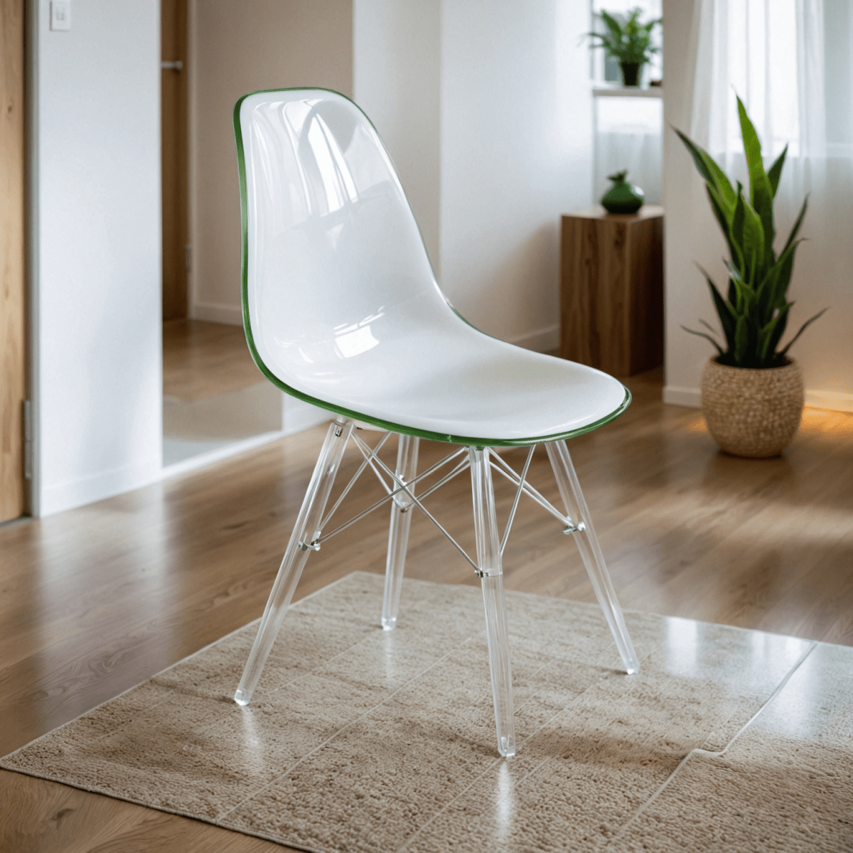 Cresco Modern Dining Side Chair in Curved Back Design with Multiple Base Options: Wood, Acrylic, Chrome & Gold Eiffel Design Acrylic Transparent White Green Dining Chair Leisuremod
