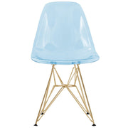 Cresco Modern Dining Side Chair in Curved Back Design with Multiple Base Options: Wood, Acrylic, Chrome & Gold Eiffel Design Stainless Steel Gold Transparent Blue Dining Chair Leisuremod