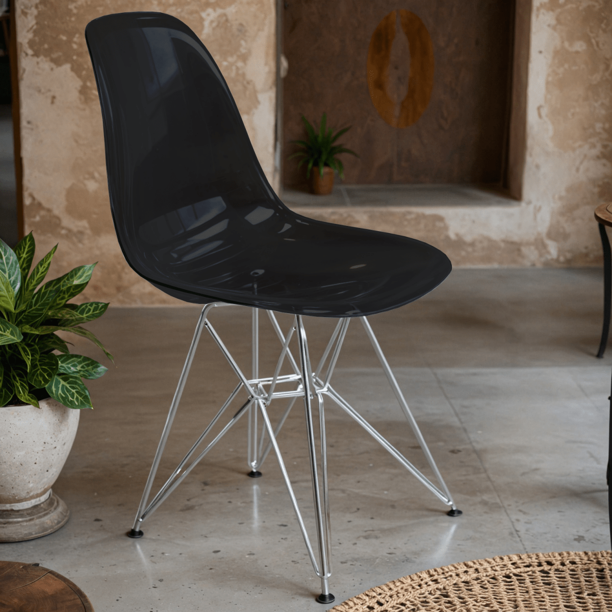 Cresco Modern Dining Side Chair in Curved Back Design with Multiple Base Options: Wood, Acrylic, Chrome & Gold Eiffel Design Stainless Steel Silver Transparent Black Dining Chair Leisuremod