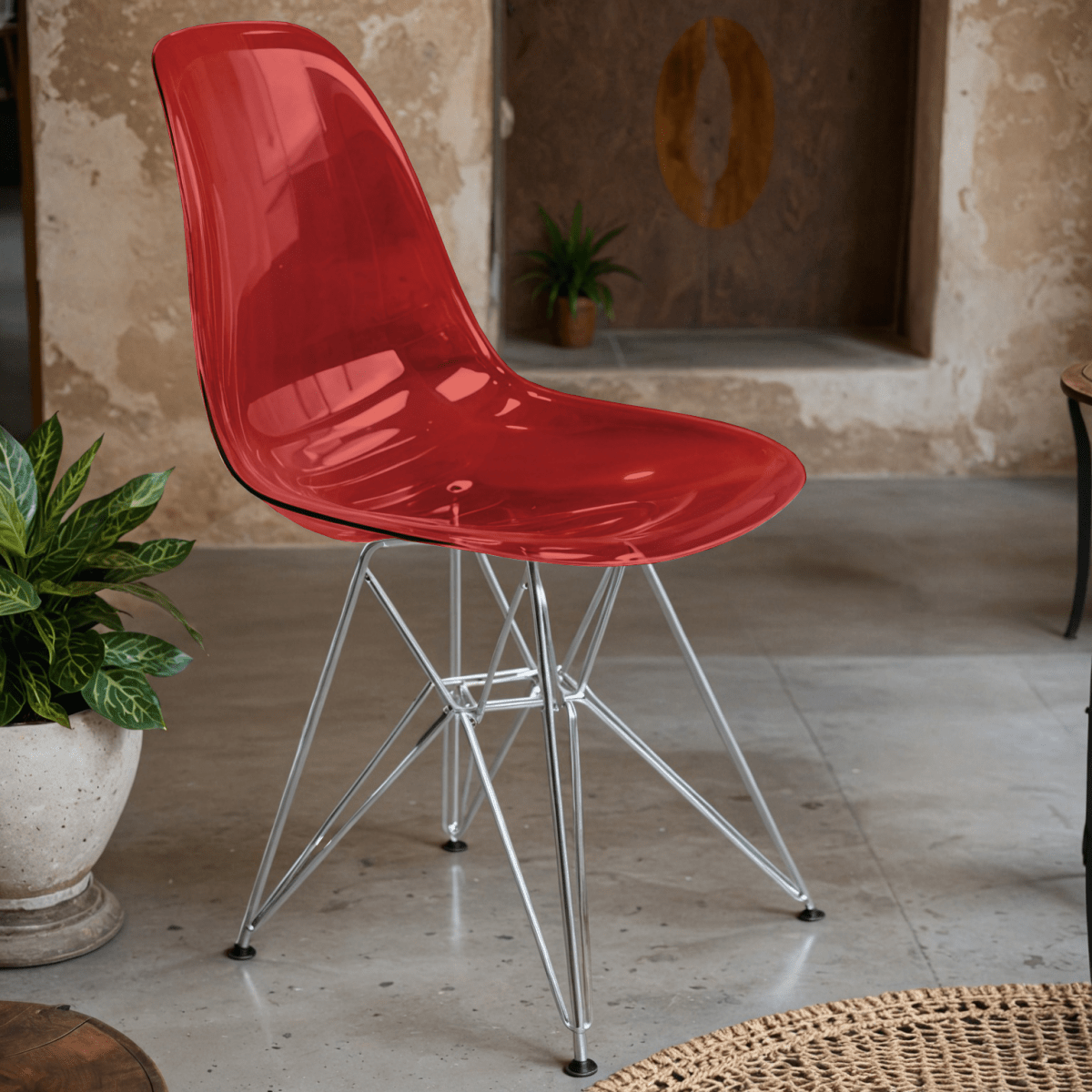 Cresco Modern Dining Side Chair in Curved Back Design with Multiple Base Options: Wood, Acrylic, Chrome & Gold Eiffel Design Stainless Steel Silver Transparent Red Dining Chair Leisuremod
