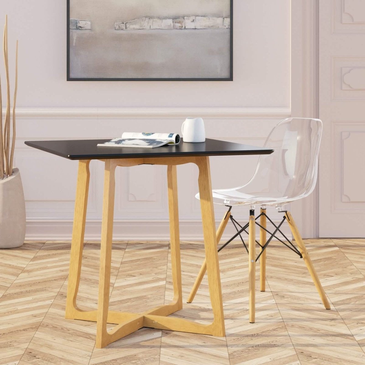 Cresco Modern Dining Side Chair in Curved Back Design with Multiple Base Options: Wood, Acrylic, Chrome & Gold Eiffel Design Wood Brown Clear Dining Chair Leisuremod
