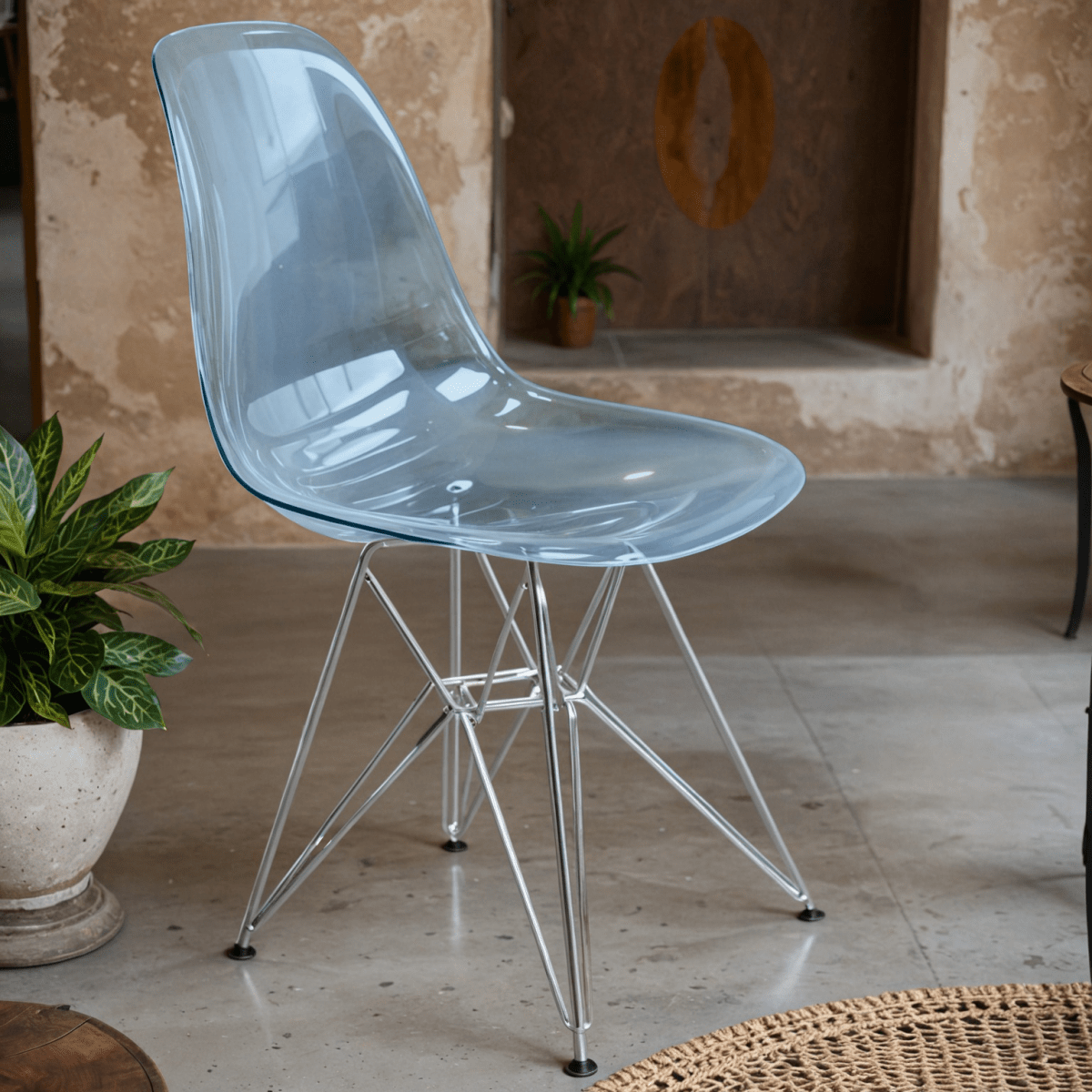 Cresco Modern Dining Side Chair in Curved Back Design with Multiple Base Options: Wood, Acrylic, Chrome & Gold Eiffel Design Stainless Steel Silver Transparent Blue Dining Chair Leisuremod