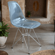 Cresco Modern Dining Side Chair in Curved Back Design with Multiple Base Options: Wood, Acrylic, Chrome & Gold Eiffel Design Stainless Steel Silver Transparent Blue Dining Chair Leisuremod