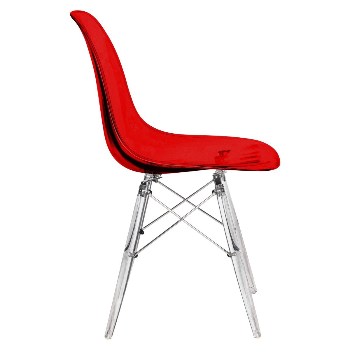 Cresco Modern Dining Side Chair in Curved Back Design with Multiple Base Options: Wood, Acrylic, Chrome & Gold Eiffel Design Acrylic Transparent Transparent Red Dining Chair Leisuremod