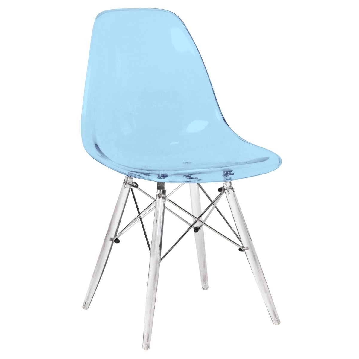 Cresco Modern Dining Side Chair in Curved Back Design with Multiple Base Options: Wood, Acrylic, Chrome & Gold Eiffel Design Acrylic Transparent Transparent Blue Dining Chair Leisuremod