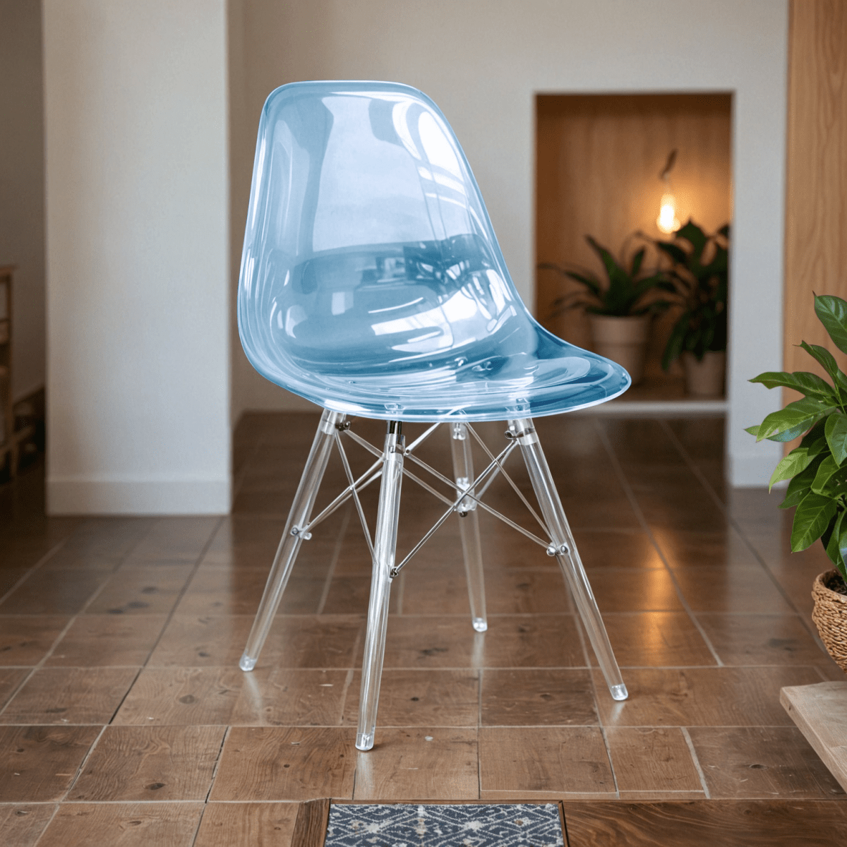 Cresco Modern Dining Side Chair in Curved Back Design with Multiple Base Options: Wood, Acrylic, Chrome & Gold Eiffel Design Acrylic Transparent Transparent Blue Dining Chair Leisuremod