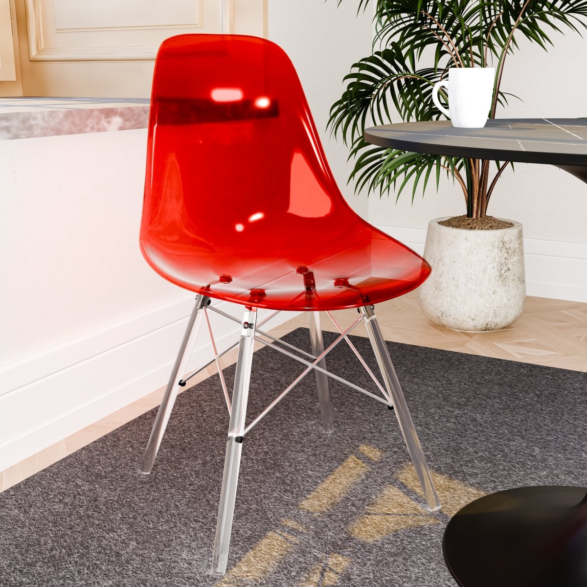 Cresco Modern Dining Side Chair in Curved Back Design with Multiple Base Options: Wood, Acrylic, Chrome & Gold Eiffel Design Acrylic Transparent Transparent Red Dining Chair Leisuremod