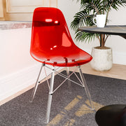 Cresco Modern Dining Side Chair in Curved Back Design with Multiple Base Options: Wood, Acrylic, Chrome & Gold Eiffel Design Acrylic Transparent Transparent Red Dining Chair Leisuremod
