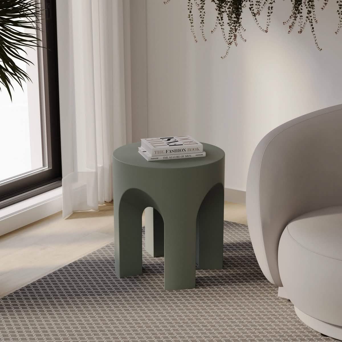 Crus Fiberstone Outdoor Side Table With Arched Base Design Gray Side Table Leisuremod