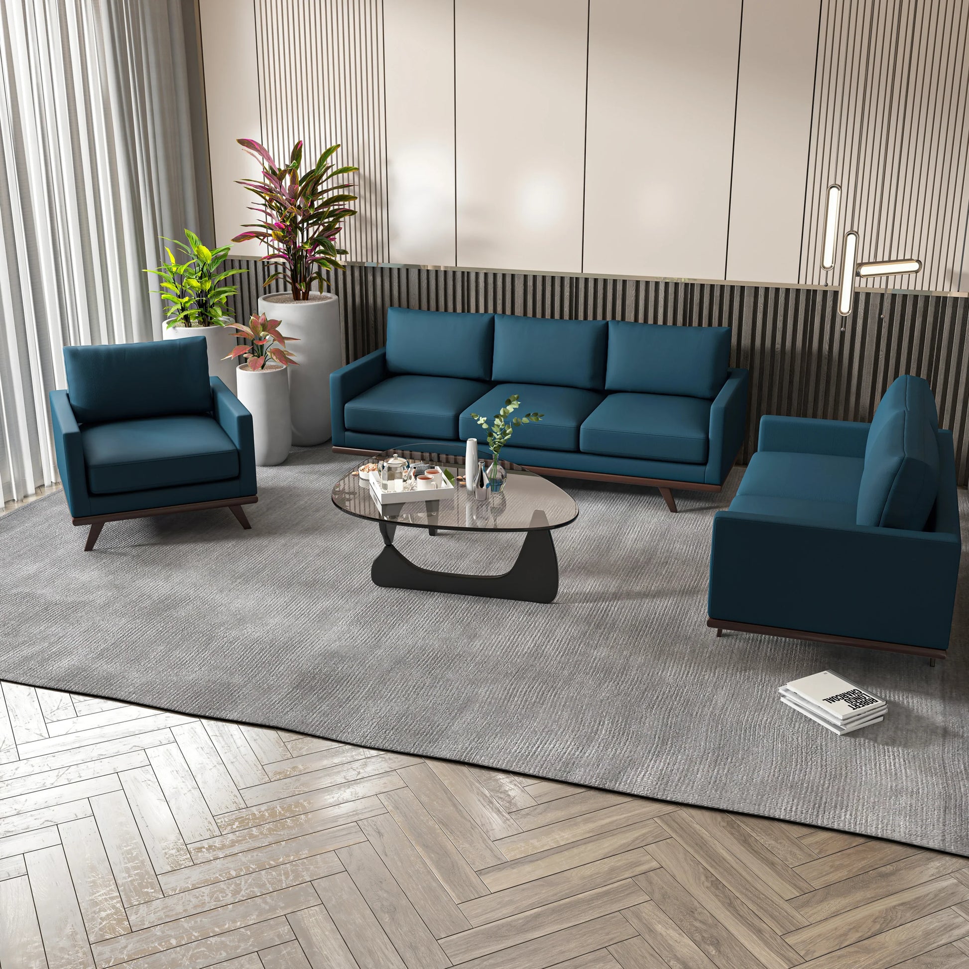 Chester 3-Piece Leather Living Room Sofa Set with Birch Wood Base - Elax Furniture