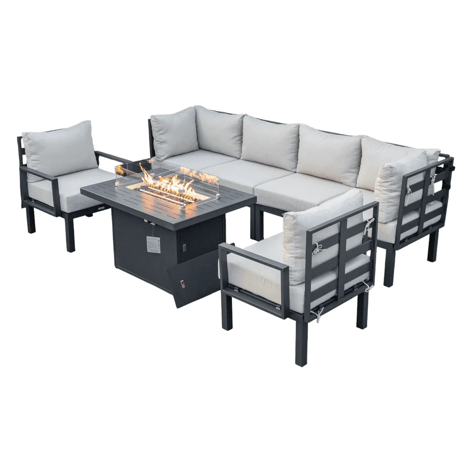 Chelsea 7-Piece Patio Sectional Set in Black Aluminum with Fire Pit Table - Elax Furniture