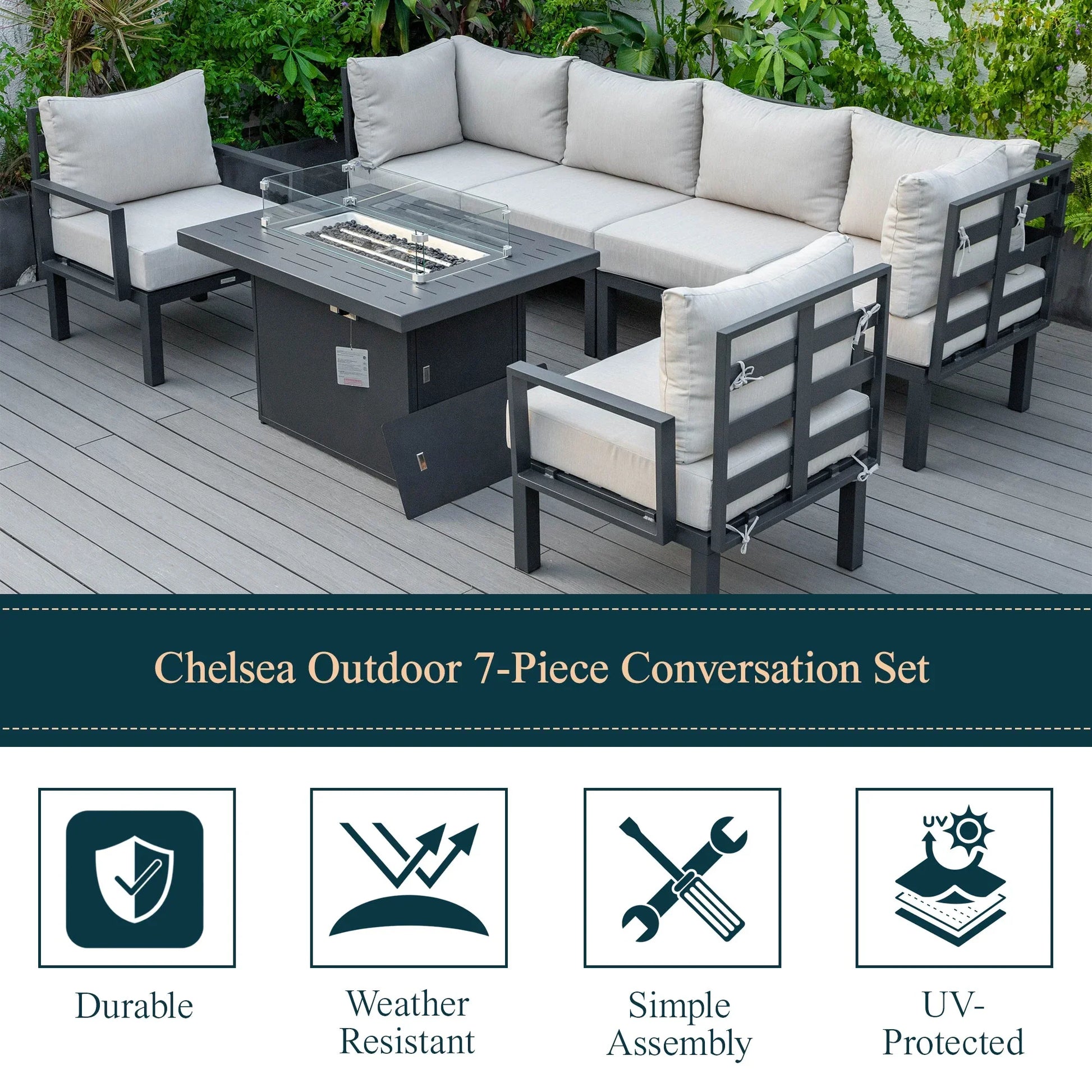 Chelsea 7-Piece Patio Sectional Set in Black Aluminum with Fire Pit Table - Elax Furniture