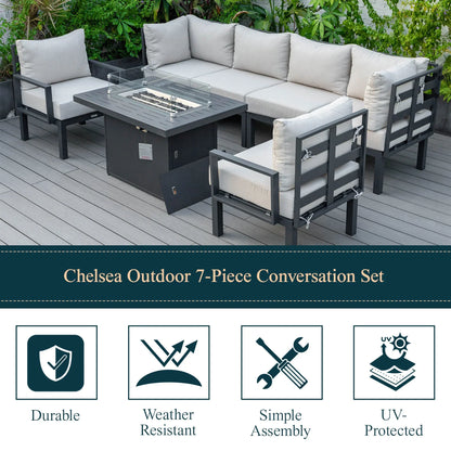 Chelsea 7-Piece Patio Sectional Set in Black Aluminum with Fire Pit Table - Elax Furniture