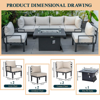 Chelsea 7-Piece Patio Sectional Set in Black Aluminum with Fire Pit Table - Elax Furniture