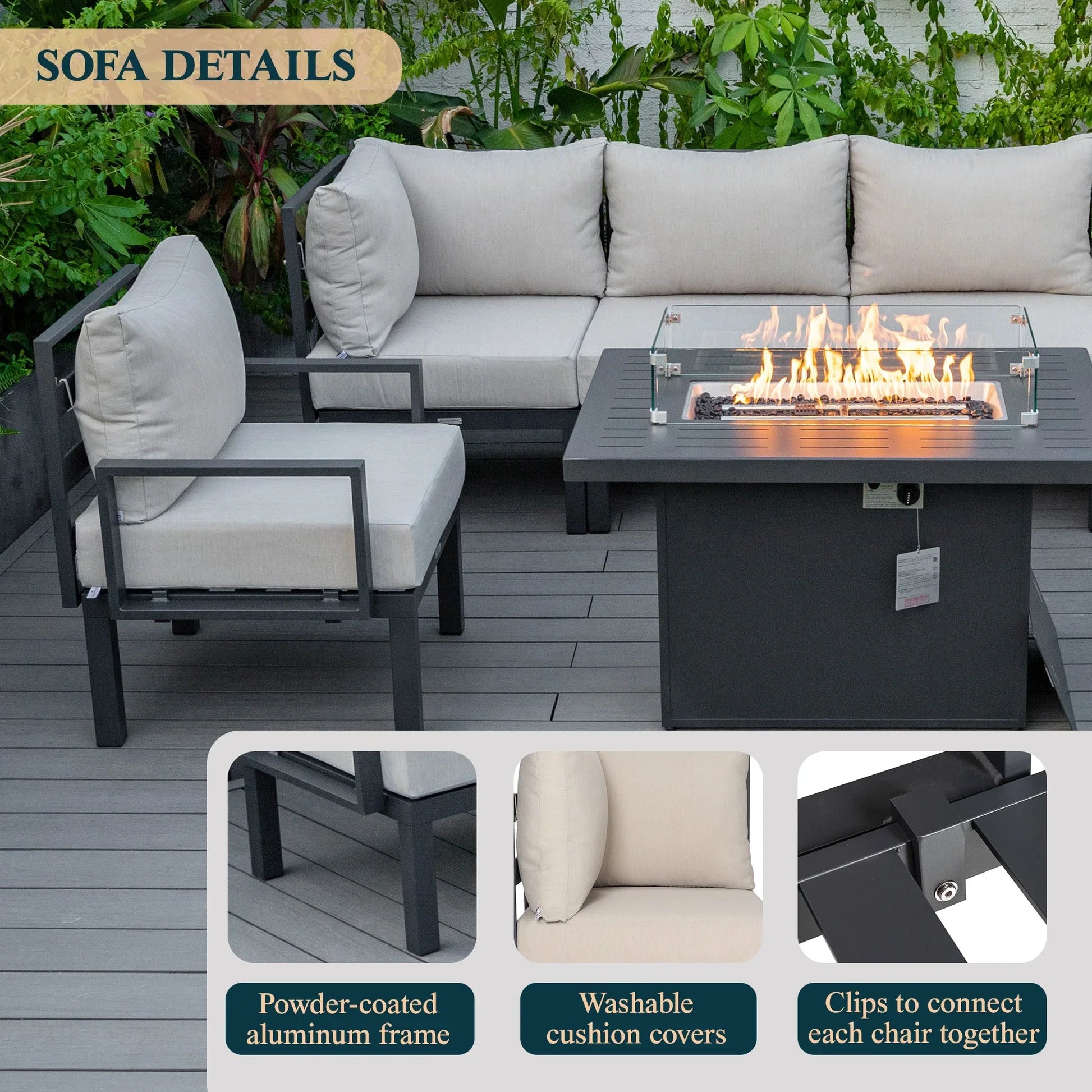 Chelsea 7-Piece Patio Sectional Set in Black Aluminum with Fire Pit Table - Elax Furniture