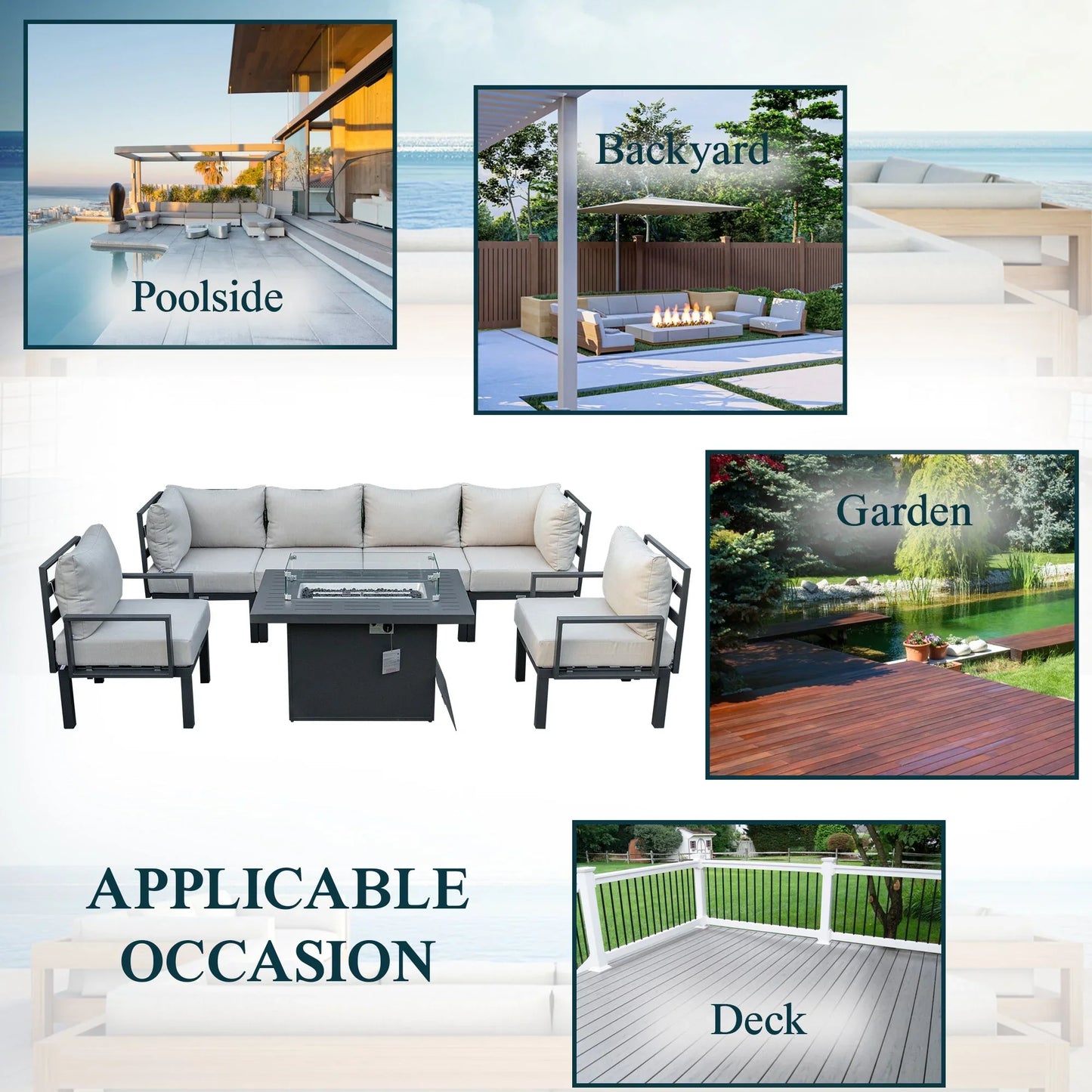 Chelsea 7-Piece Patio Sectional Set in Black Aluminum with Fire Pit Table - Elax Furniture