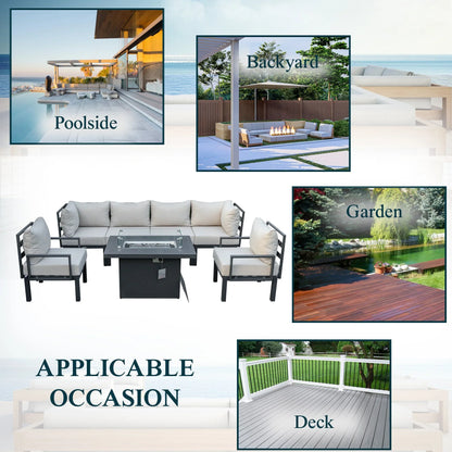 Chelsea 7-Piece Patio Sectional Set in Black Aluminum with Fire Pit Table - Elax Furniture