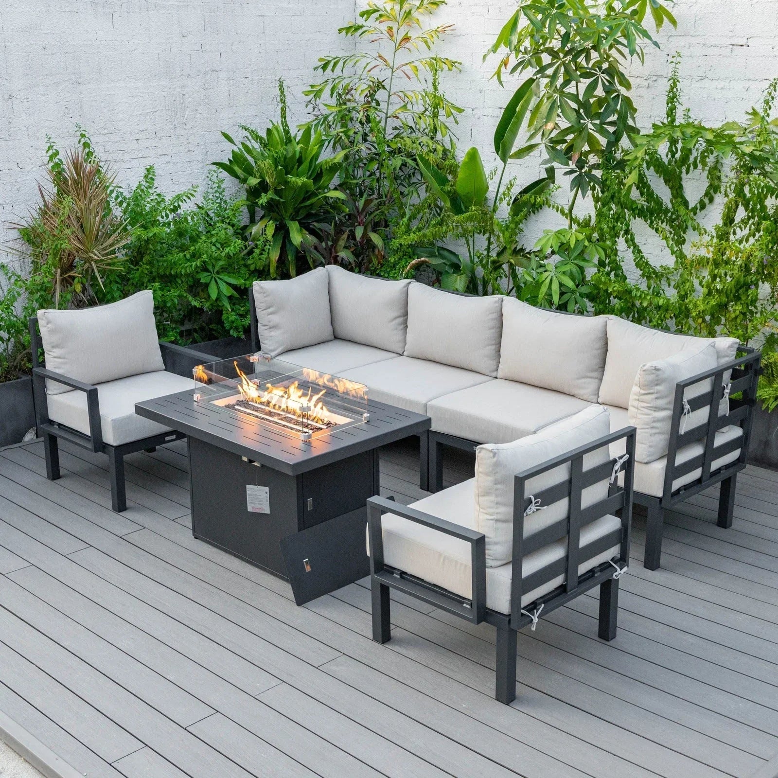 Chelsea 7-Piece Patio Sectional Set in Black Aluminum with Fire Pit Table - Elax Furniture