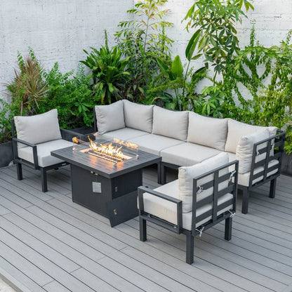 Chelsea 7-Piece Patio Sectional Set in Black Aluminum with Fire Pit Table - Elax Furniture