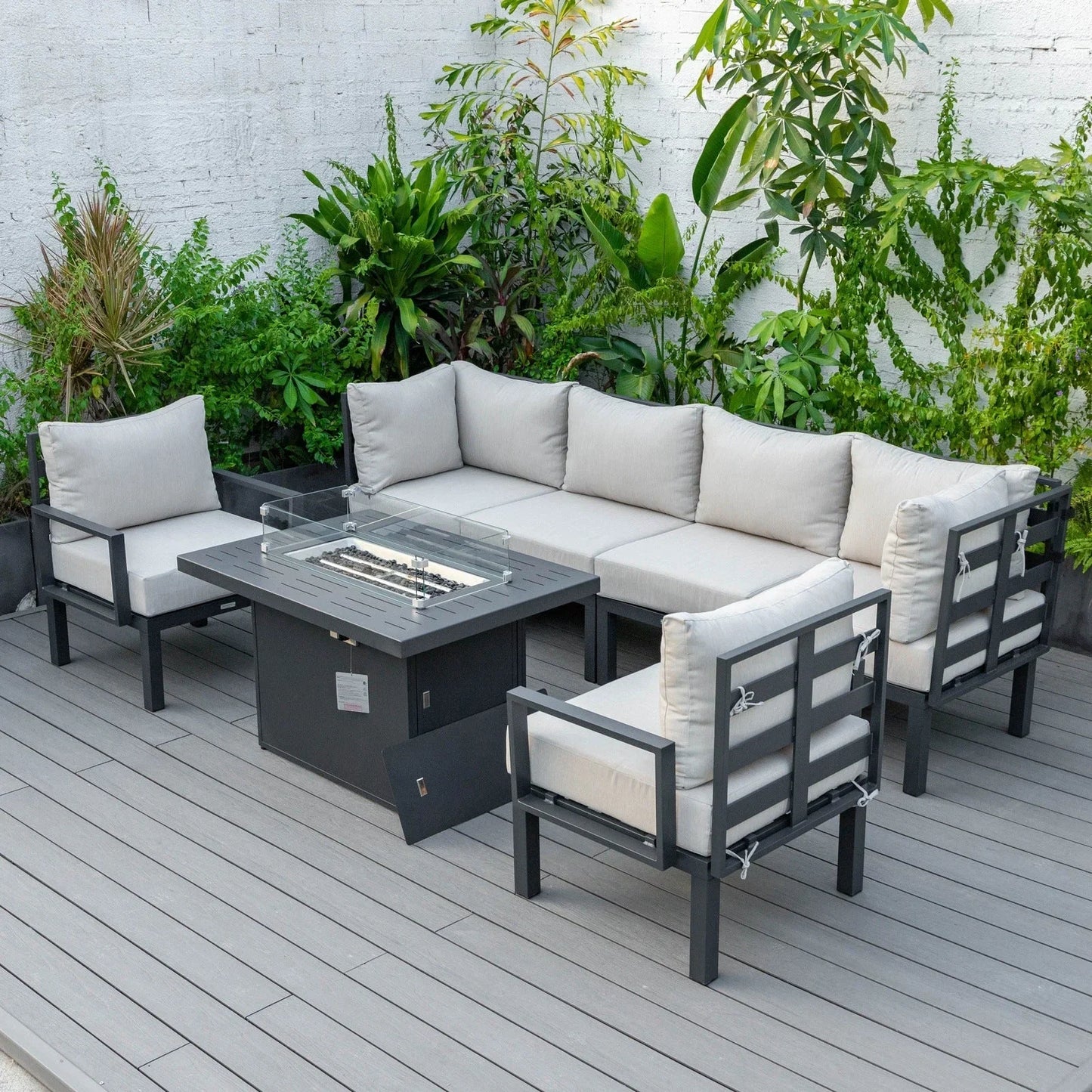 Chelsea 7-Piece Patio Sectional Set in Black Aluminum with Fire Pit Table - Elax Furniture