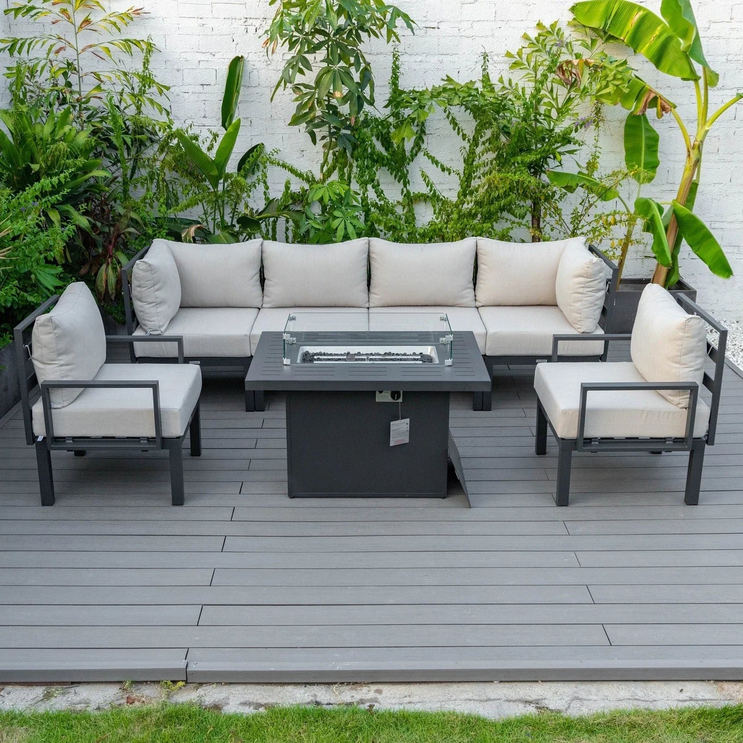 Chelsea 7-Piece Patio Sectional Set in Black Aluminum with Fire Pit Table - Elax Furniture