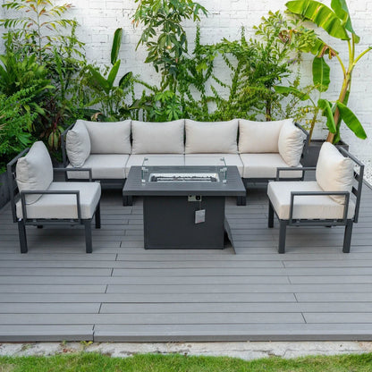 Chelsea 7-Piece Patio Sectional Set in Black Aluminum with Fire Pit Table - Elax Furniture