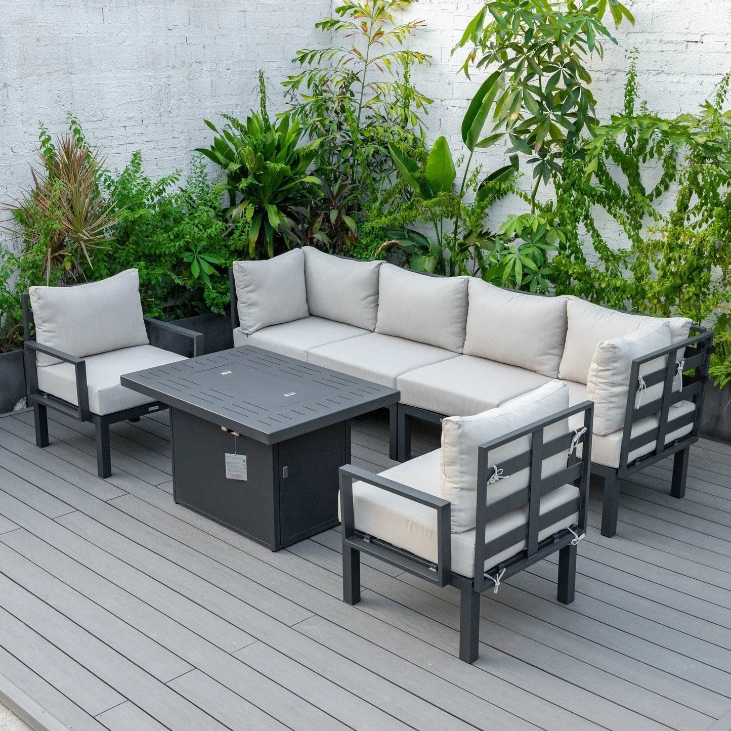 Chelsea 7-Piece Patio Sectional Set in Black Aluminum with Fire Pit Table - Elax Furniture