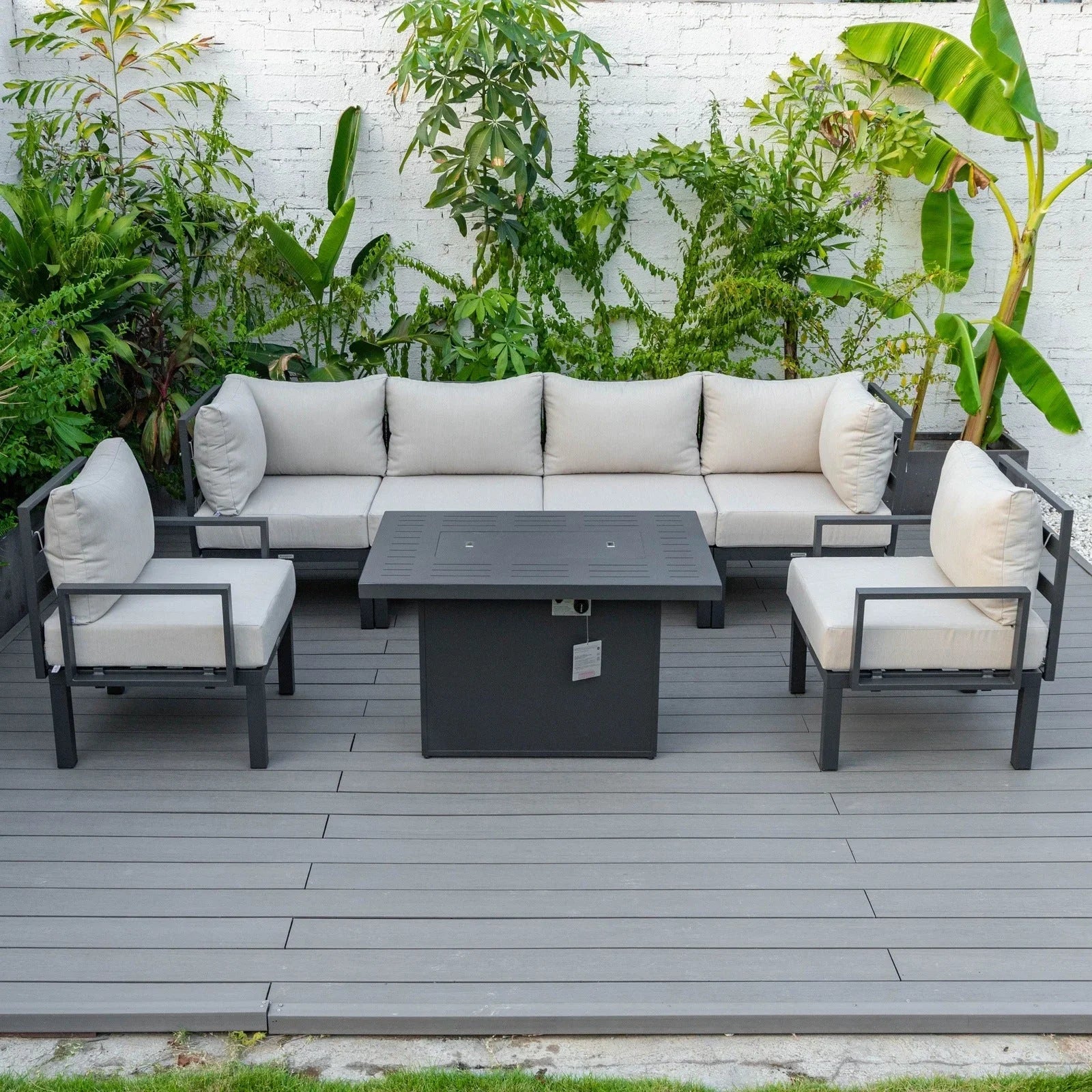 Chelsea 7-Piece Patio Sectional Set in Black Aluminum with Fire Pit Table - Elax Furniture