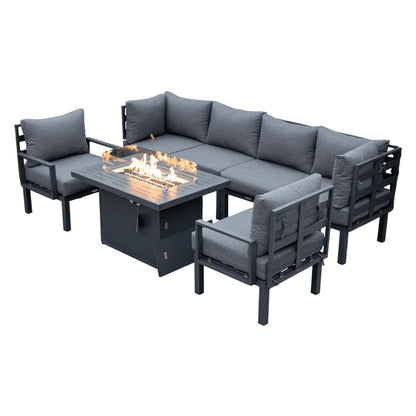 Chelsea 7-Piece Patio Sectional Set in Black Aluminum with Fire Pit Table - Elax Furniture