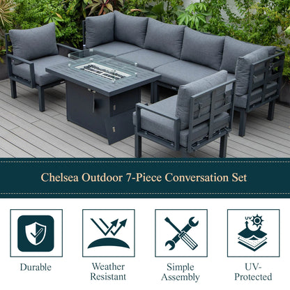 Chelsea 7-Piece Patio Sectional Set in Black Aluminum with Fire Pit Table - Elax Furniture