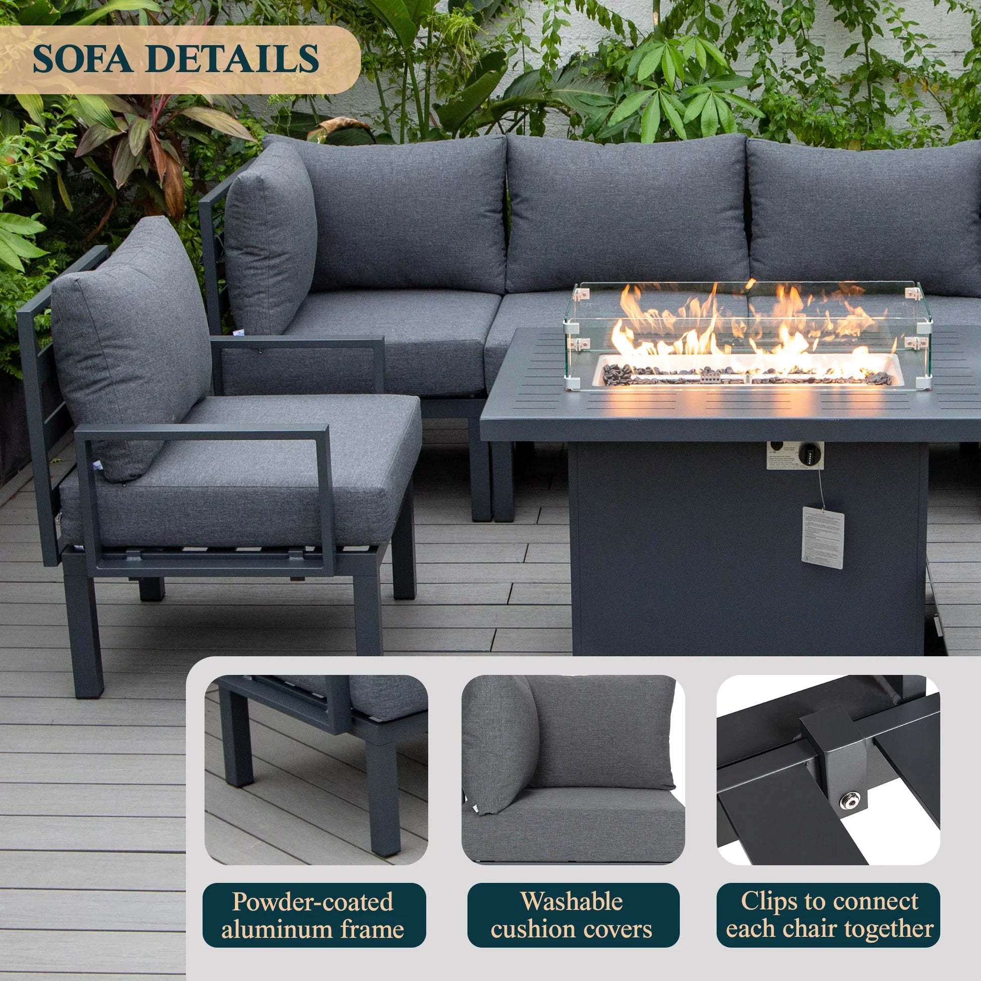 Chelsea 7-Piece Patio Sectional Set in Black Aluminum with Fire Pit Table - Elax Furniture