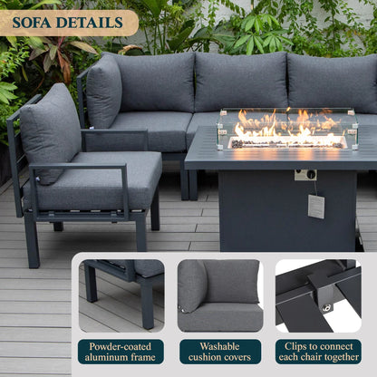 Chelsea 7-Piece Patio Sectional Set in Black Aluminum with Fire Pit Table - Elax Furniture