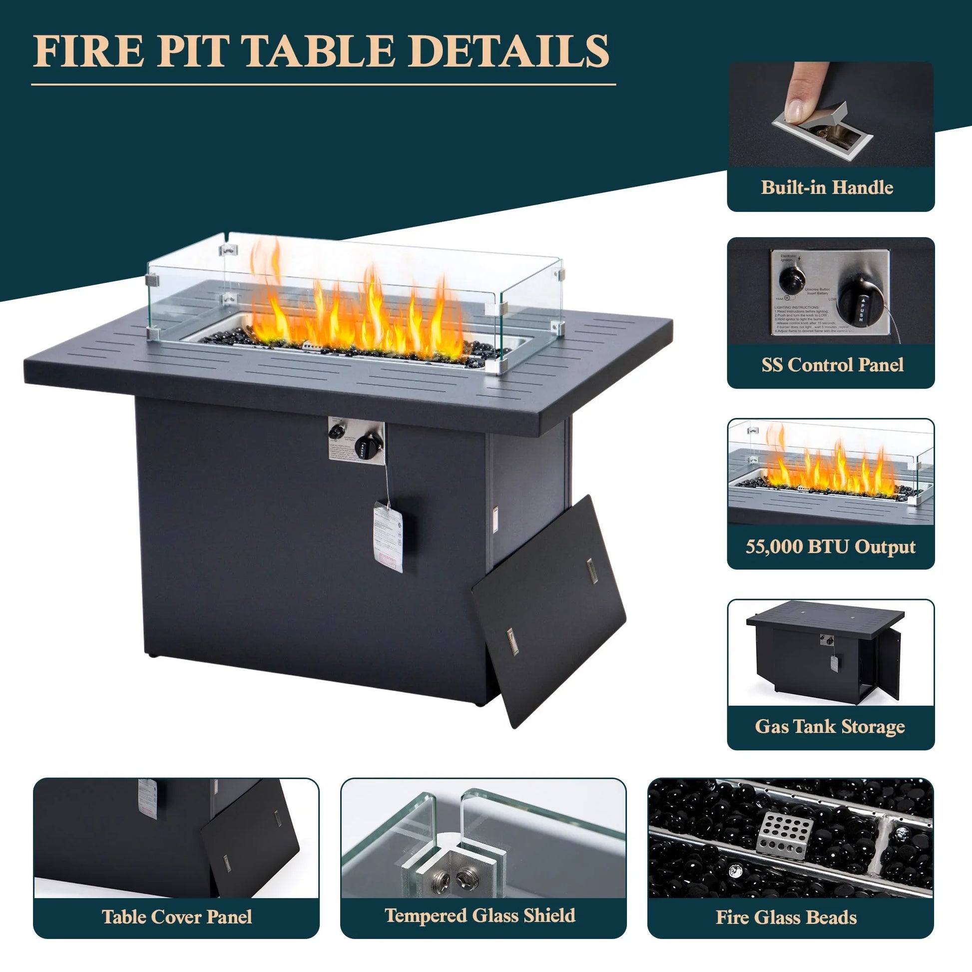 Chelsea 7-Piece Patio Sectional Set in Black Aluminum with Fire Pit Table - Elax Furniture