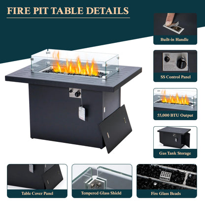 Chelsea 7-Piece Patio Sectional Set in Black Aluminum with Fire Pit Table - Elax Furniture