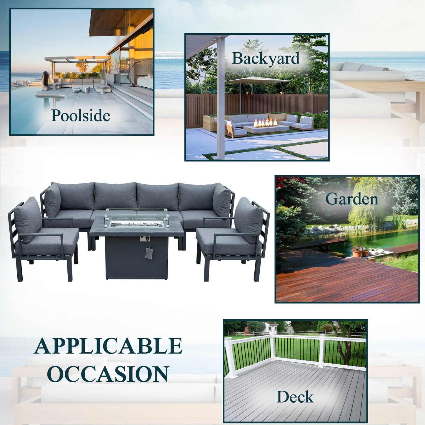 Chelsea 7-Piece Patio Sectional Set in Black Aluminum with Fire Pit Table - Elax Furniture