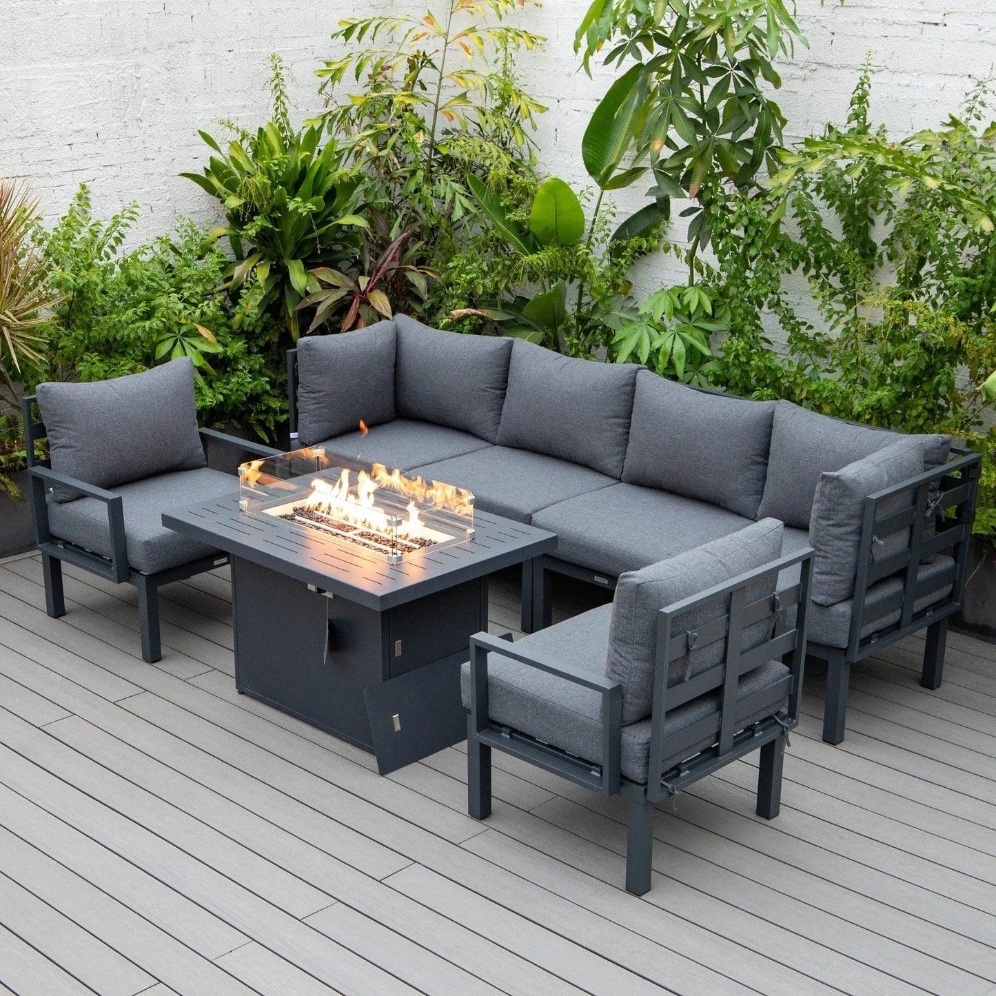 Chelsea 7-Piece Patio Sectional Set in Black Aluminum with Fire Pit Table - Elax Furniture