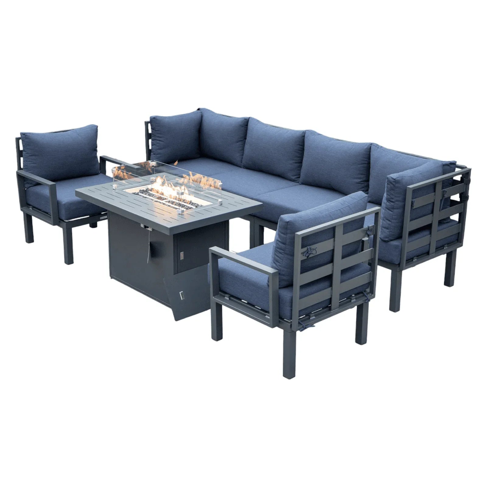 Chelsea 7-Piece Patio Sectional Set in Black Aluminum with Fire Pit Table - Elax Furniture