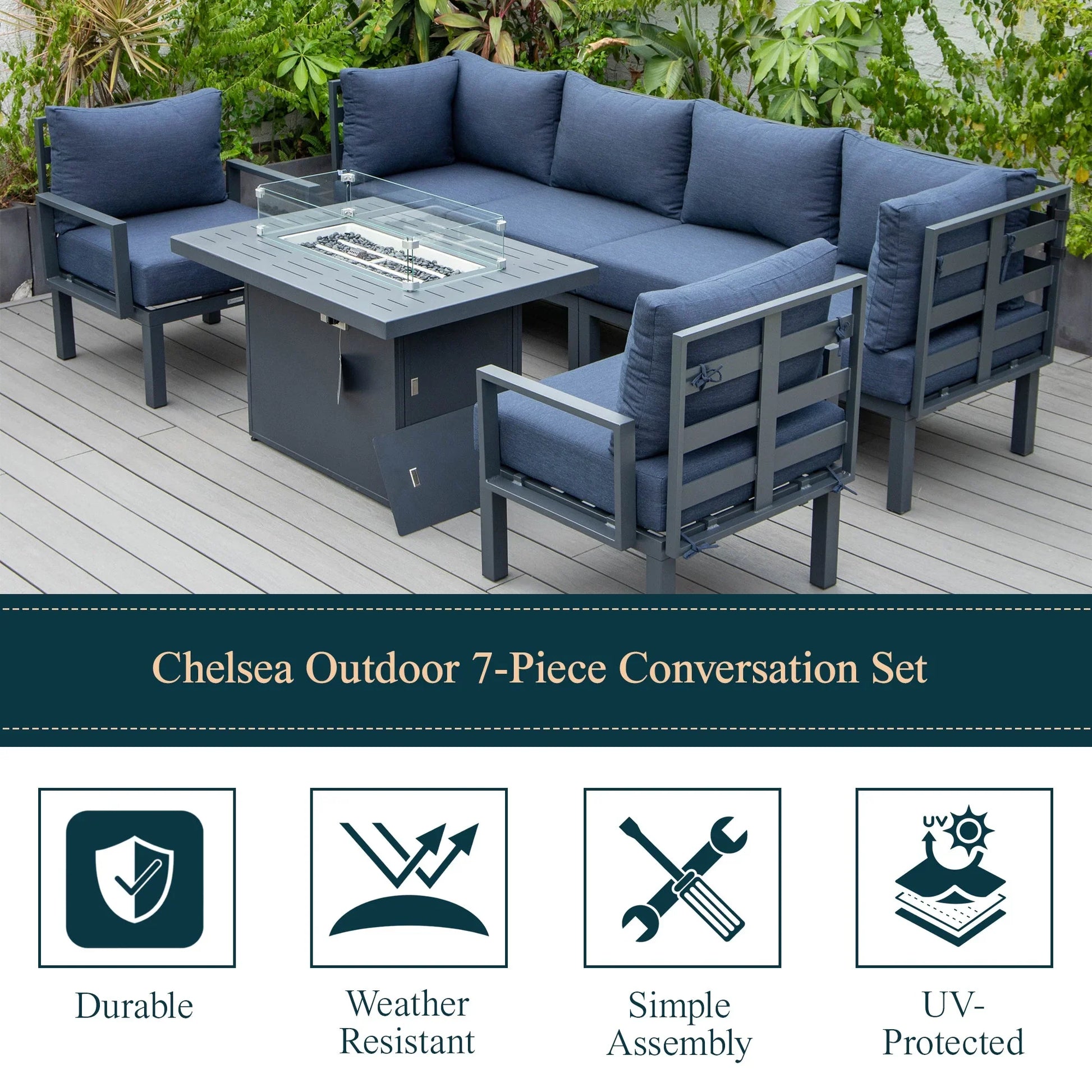 Chelsea 7-Piece Patio Sectional Set in Black Aluminum with Fire Pit Table - Elax Furniture