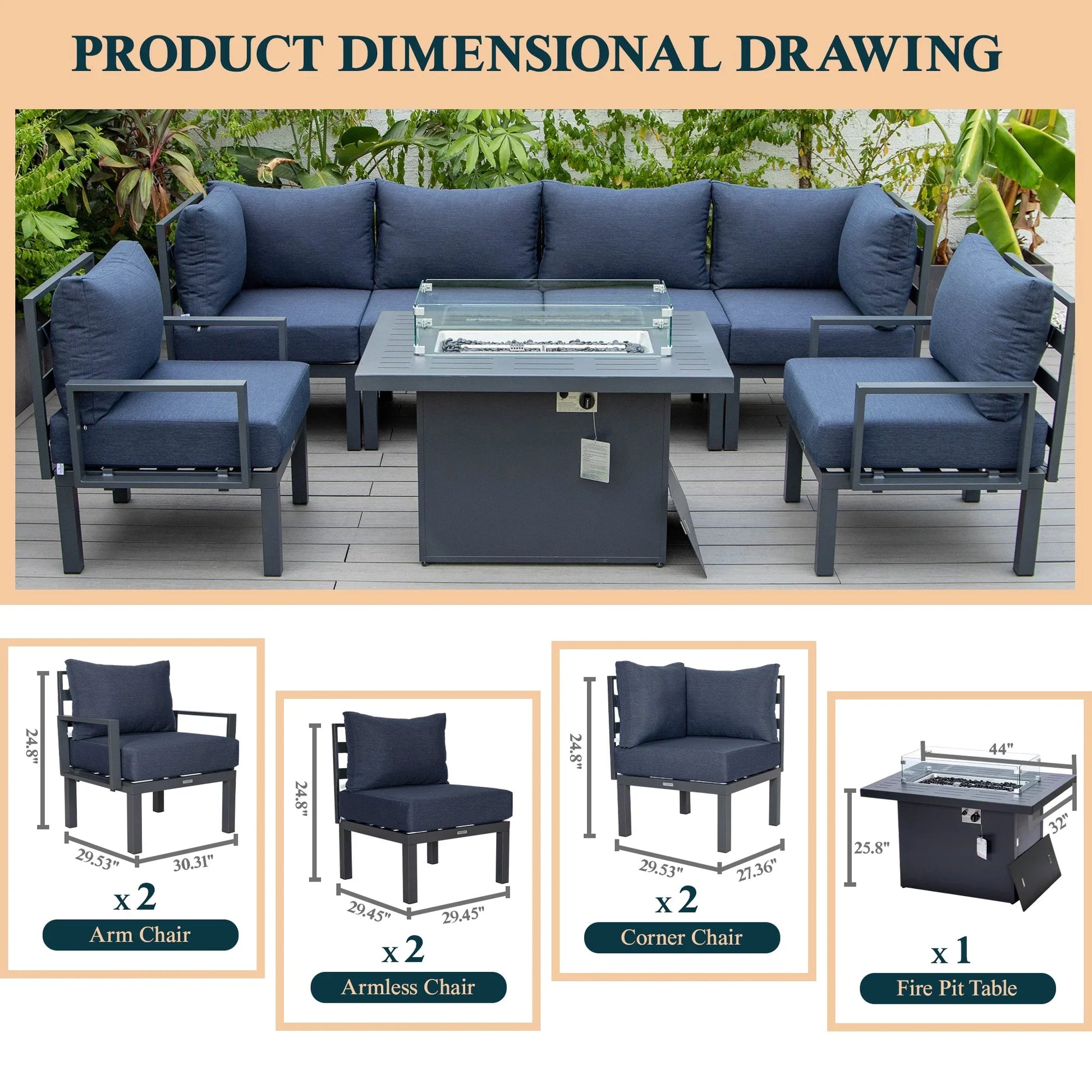 Chelsea 7-Piece Patio Sectional Set in Black Aluminum with Fire Pit Table - Elax Furniture