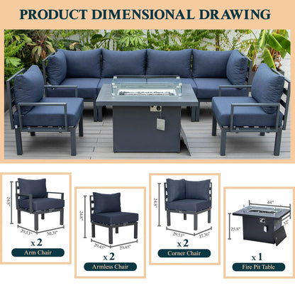 Chelsea 7-Piece Patio Sectional Set in Black Aluminum with Fire Pit Table - Elax Furniture