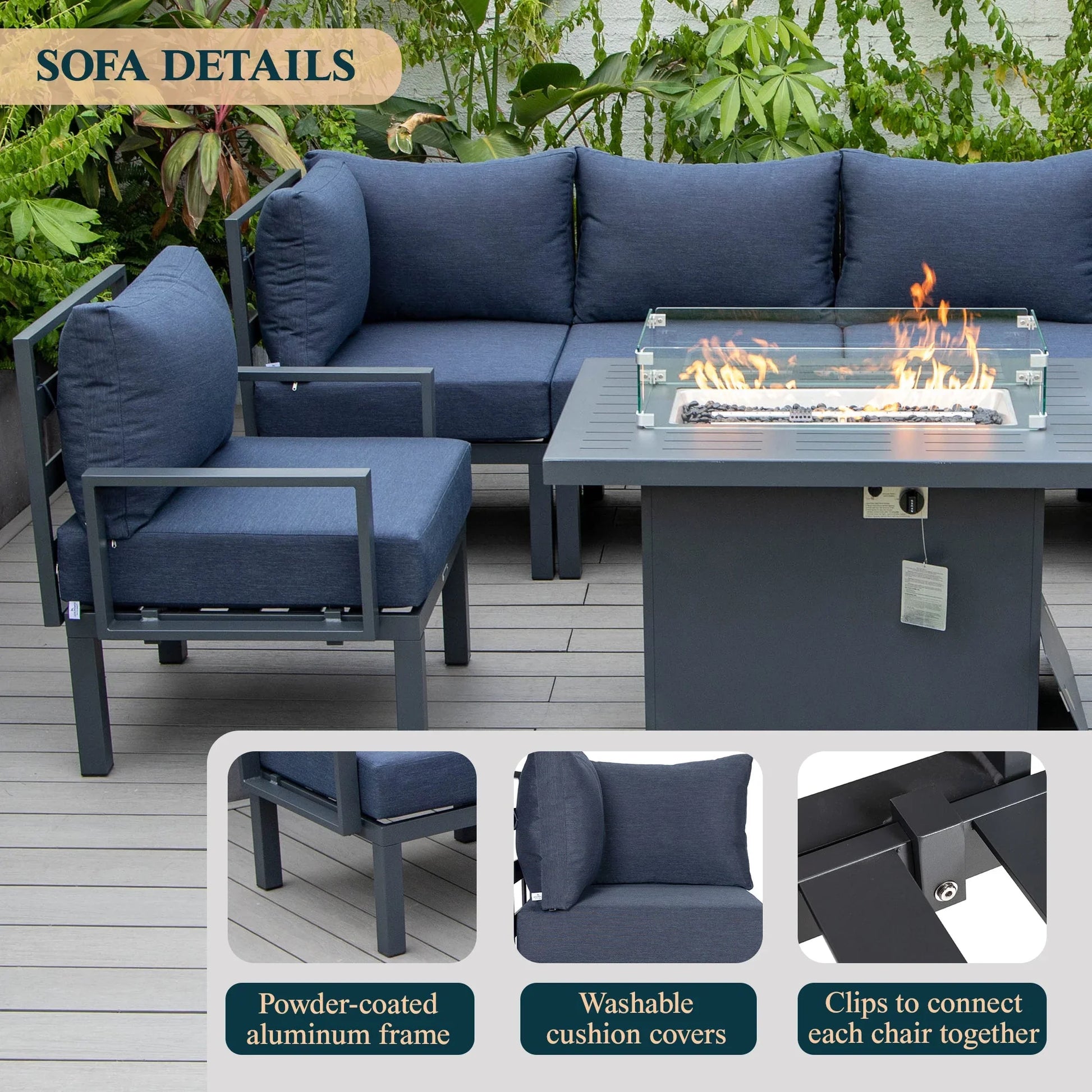 Chelsea 7-Piece Patio Sectional Set in Black Aluminum with Fire Pit Table - Elax Furniture