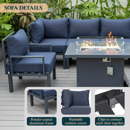 Chelsea 7-Piece Patio Sectional Set in Black Aluminum with Fire Pit Table - Elax Furniture
