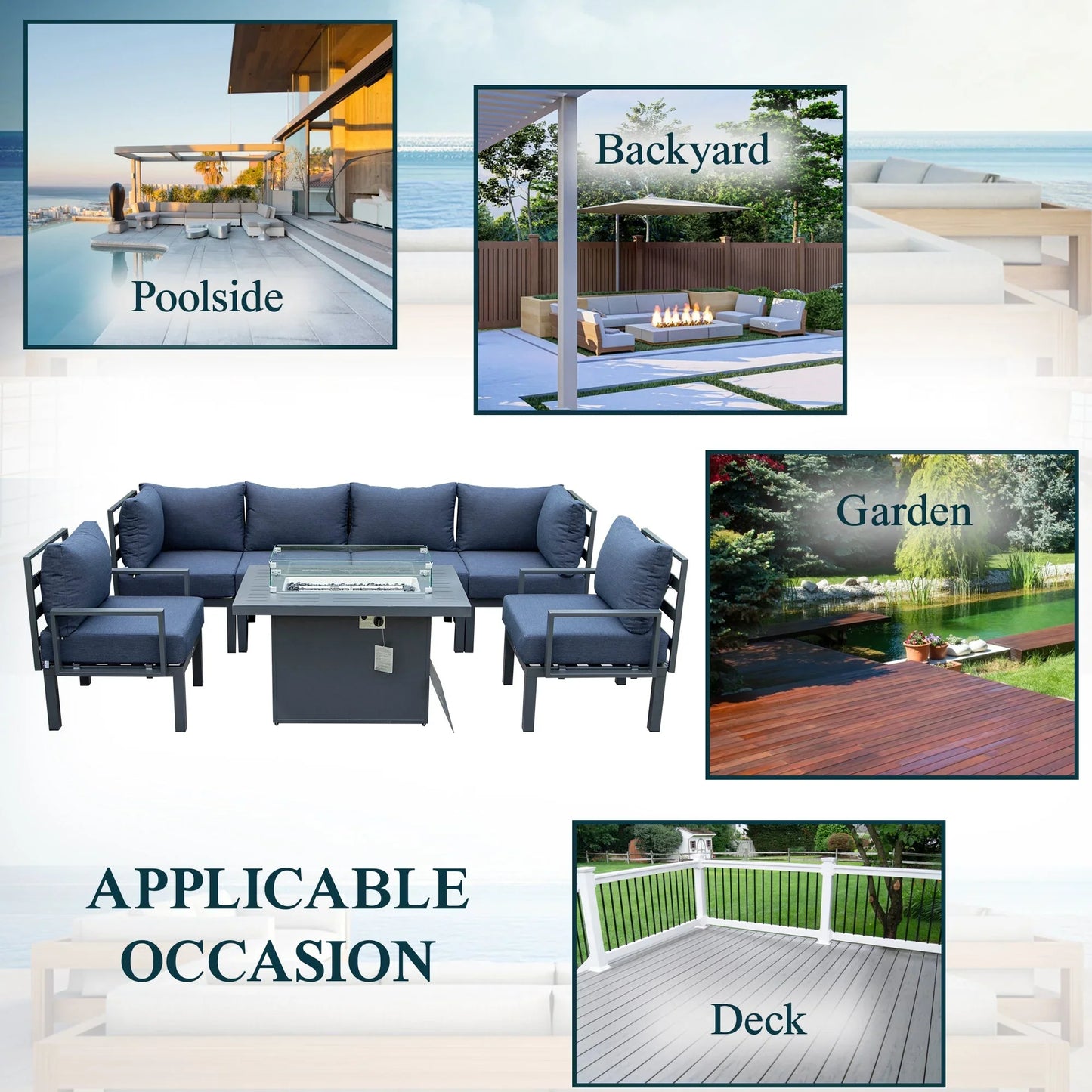 Chelsea 7-Piece Patio Sectional Set in Black Aluminum with Fire Pit Table - Elax Furniture