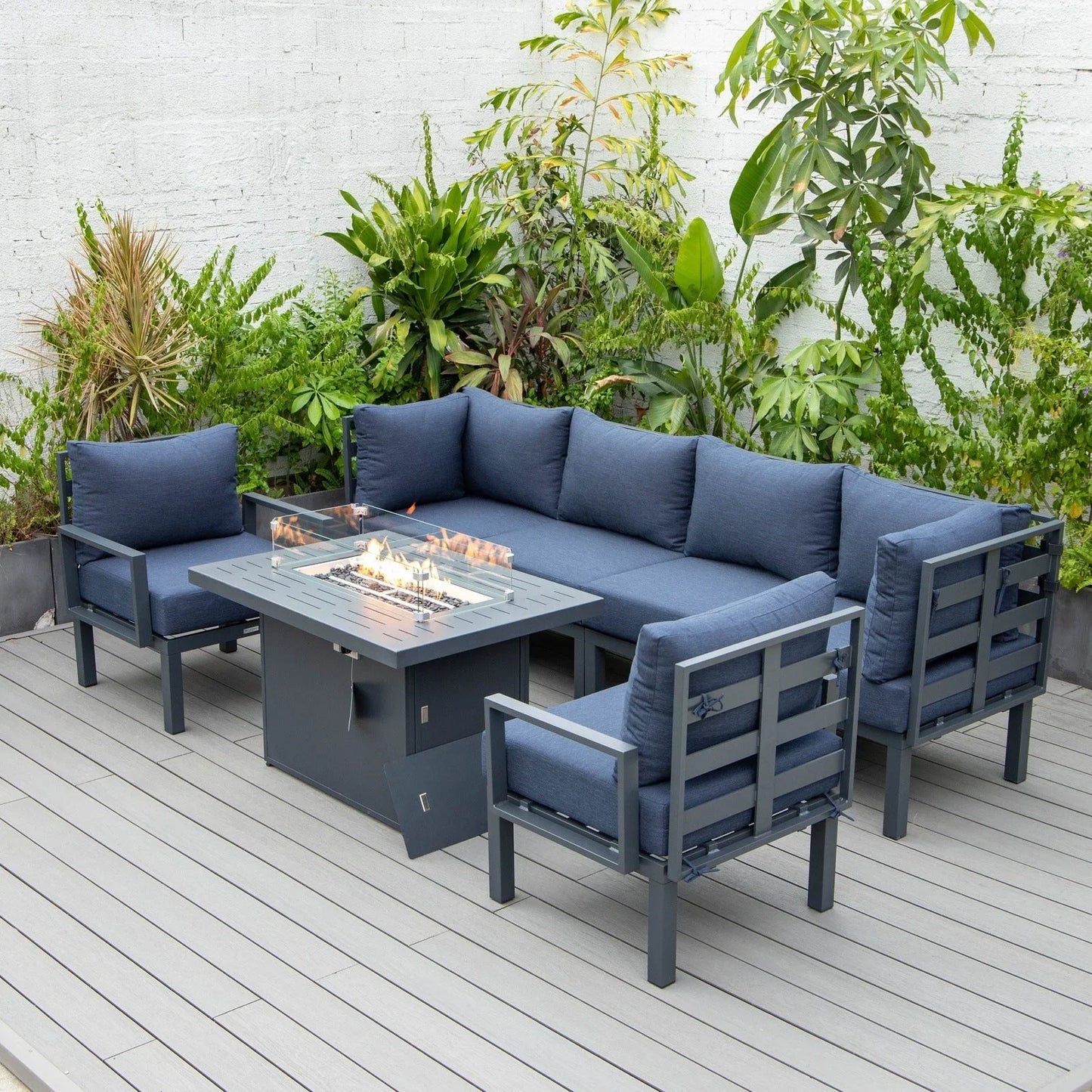 Chelsea 7-Piece Patio Sectional Set in Black Aluminum with Fire Pit Table - Elax Furniture