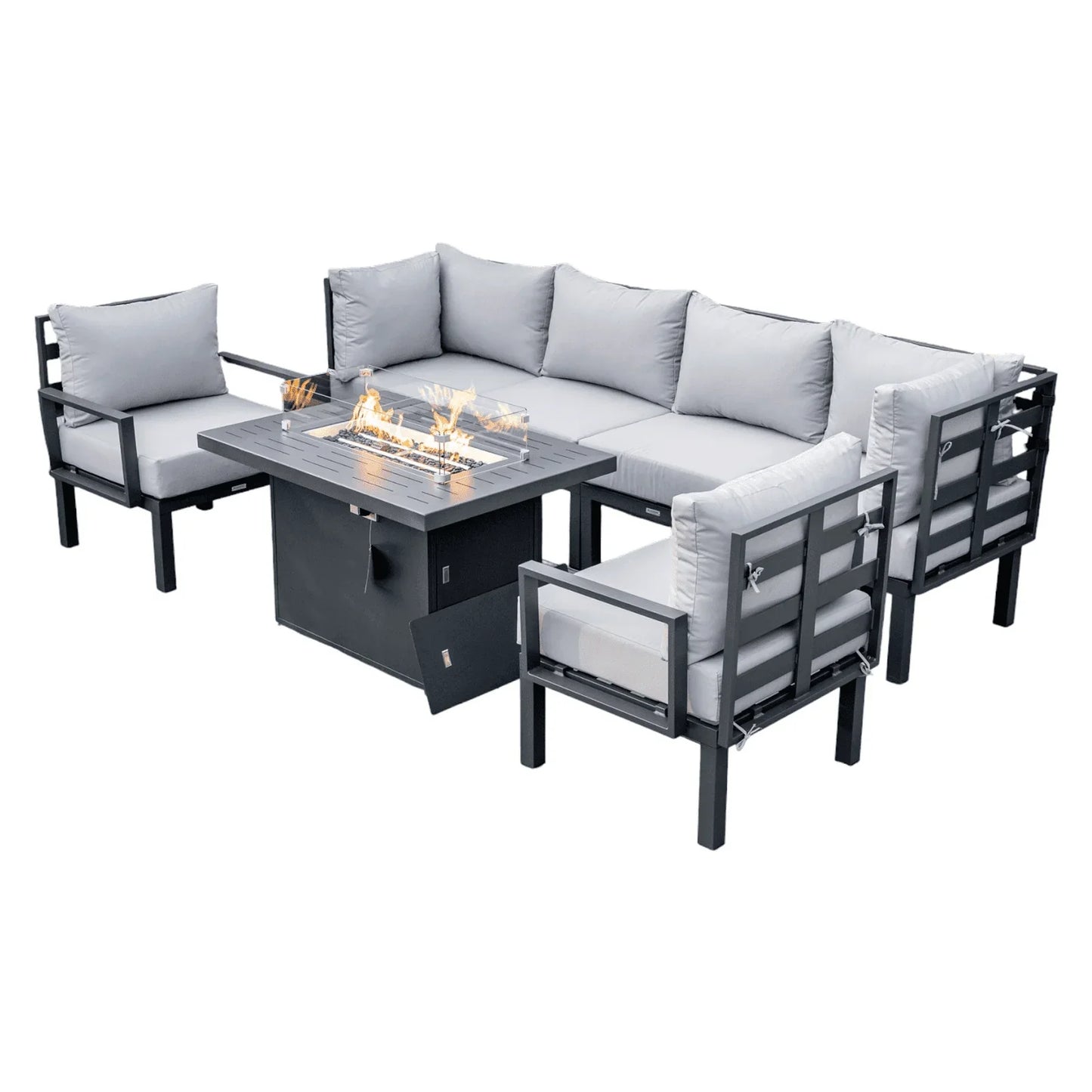 Chelsea 7-Piece Patio Sectional Set in Black Aluminum with Fire Pit Table - Elax Furniture