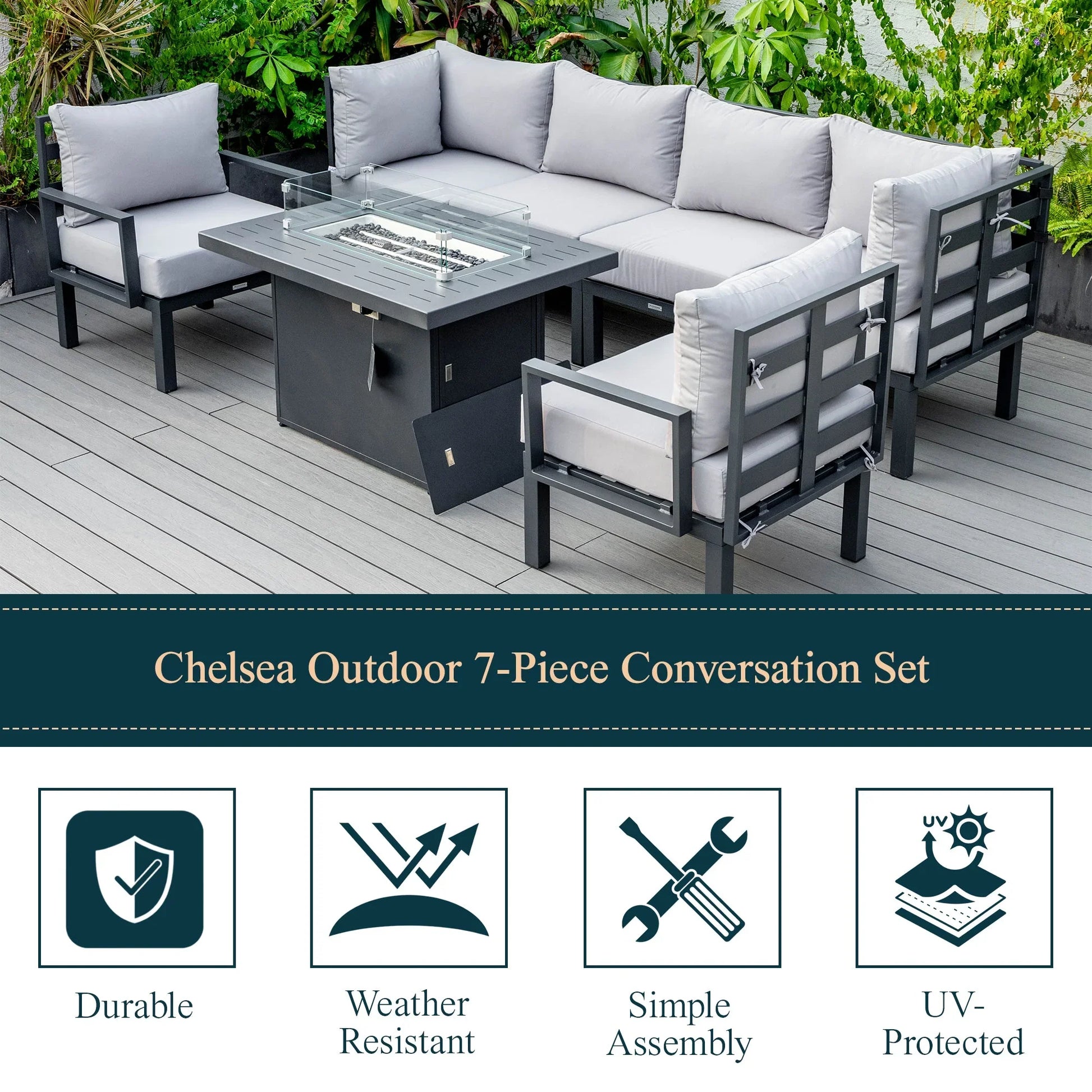 Chelsea 7-Piece Patio Sectional Set in Black Aluminum with Fire Pit Table - Elax Furniture