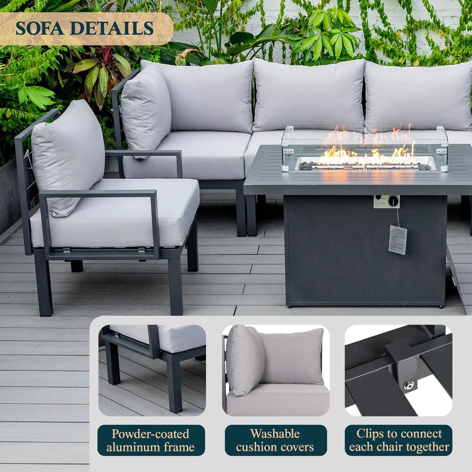 Chelsea 7-Piece Patio Sectional Set in Black Aluminum with Fire Pit Table - Elax Furniture