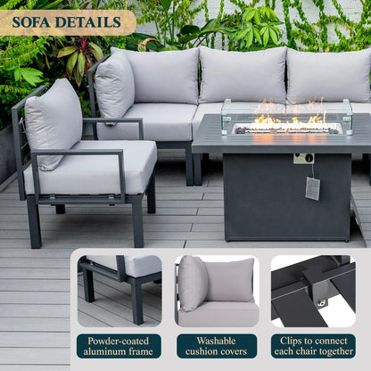 Chelsea 7-Piece Patio Sectional Set in Black Aluminum with Fire Pit Table - Elax Furniture