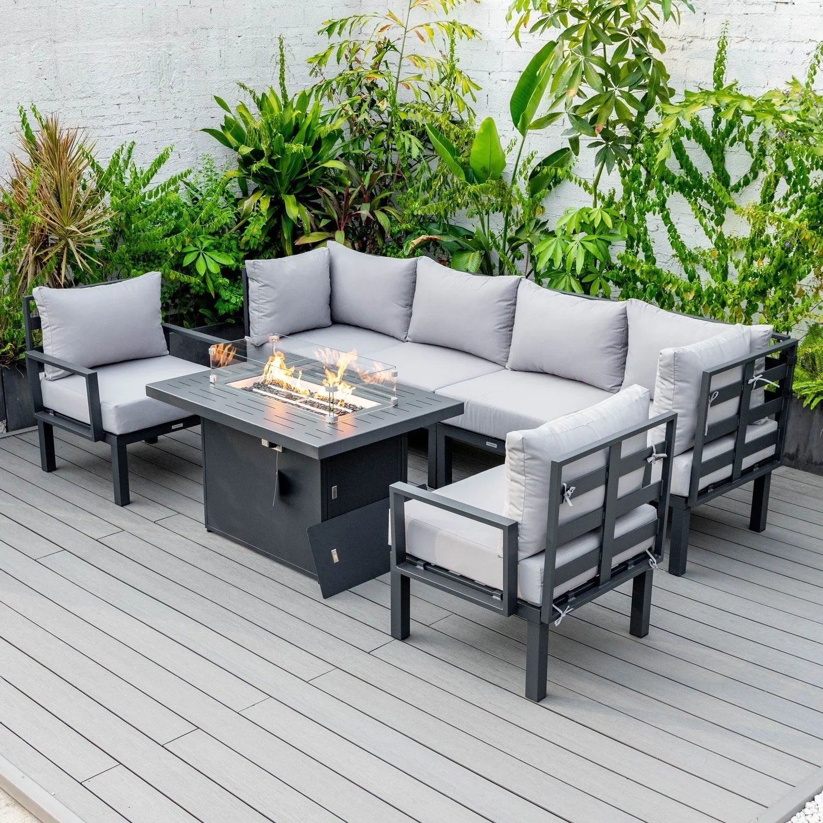 Chelsea 7-Piece Patio Sectional Set in Black Aluminum with Fire Pit Table - Elax Furniture